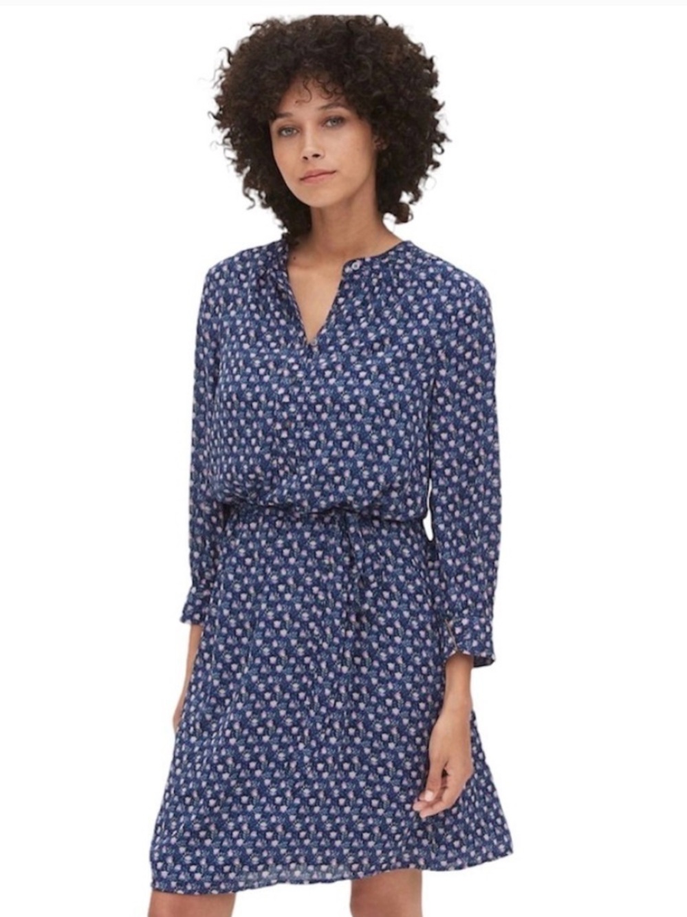 GAP Women's Navy Floral Long-Sleeve Tie-Waist Jersey Shift Dress